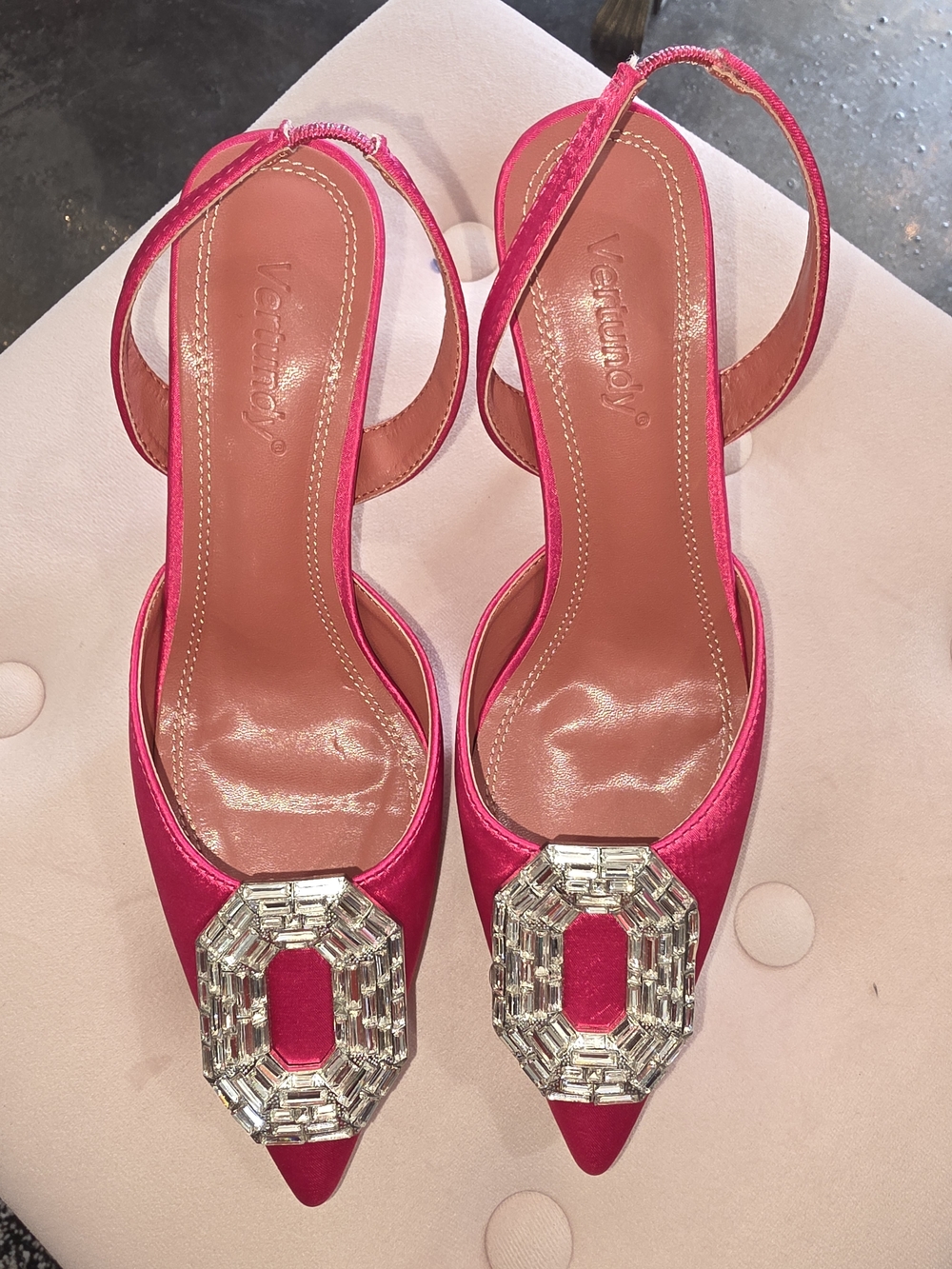 Vertundy Hot Pink Satin Slingback Heels with Crystal Octagon Accent